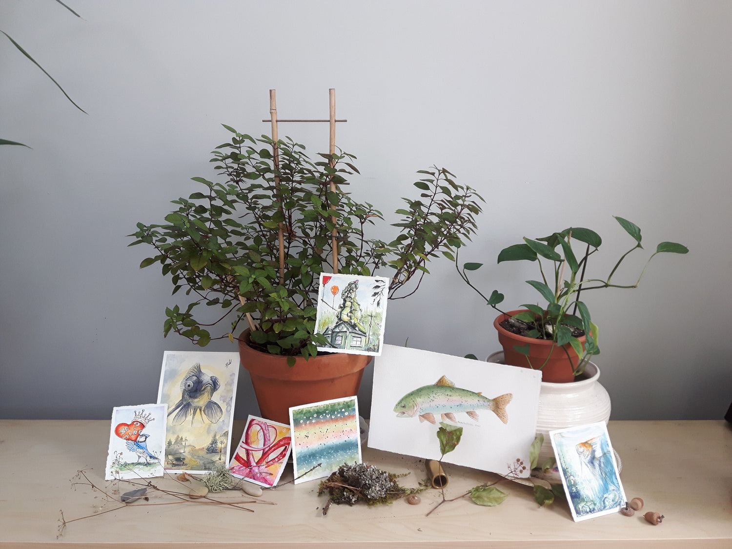 An array of Pam's cards and prints