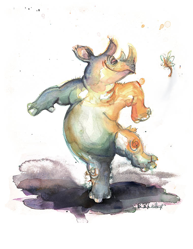 Dancing Rhino and Friend Cards - Original Watercolour Art by Canadian Artist Pamela Paulenko, painting Ontario wildlife