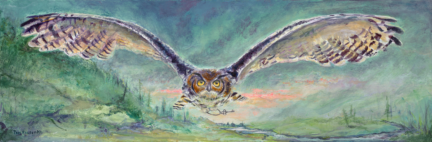 Painting of a great horned owl carrying an antique key flying over a sunset landscape with green, blue and purple hues.