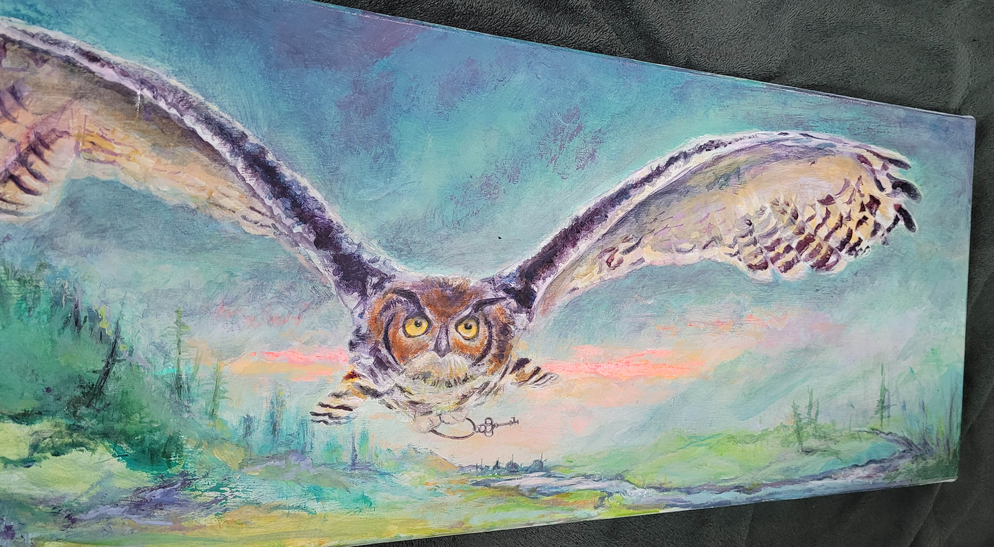 Silent Flight Canvas wrap print - Great Horned Owl with antique key