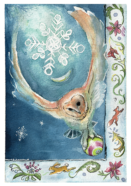 Mystic Holiday Owl Pack of 10 Greeting Cards (standard envelopes) (US & CA) - Original Watercolour Art by Canadian Artist Pamela Paulenko, painting Ontario wildlife