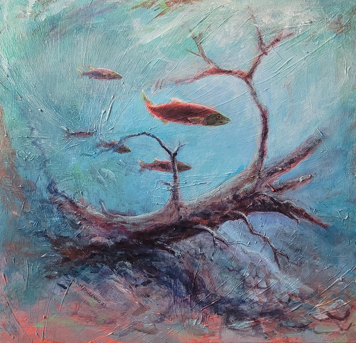 Painting of Salmon by Ontario Nature Artist Pam Paulenko, Canadian wildlife artist creating fish art and socially conscious art