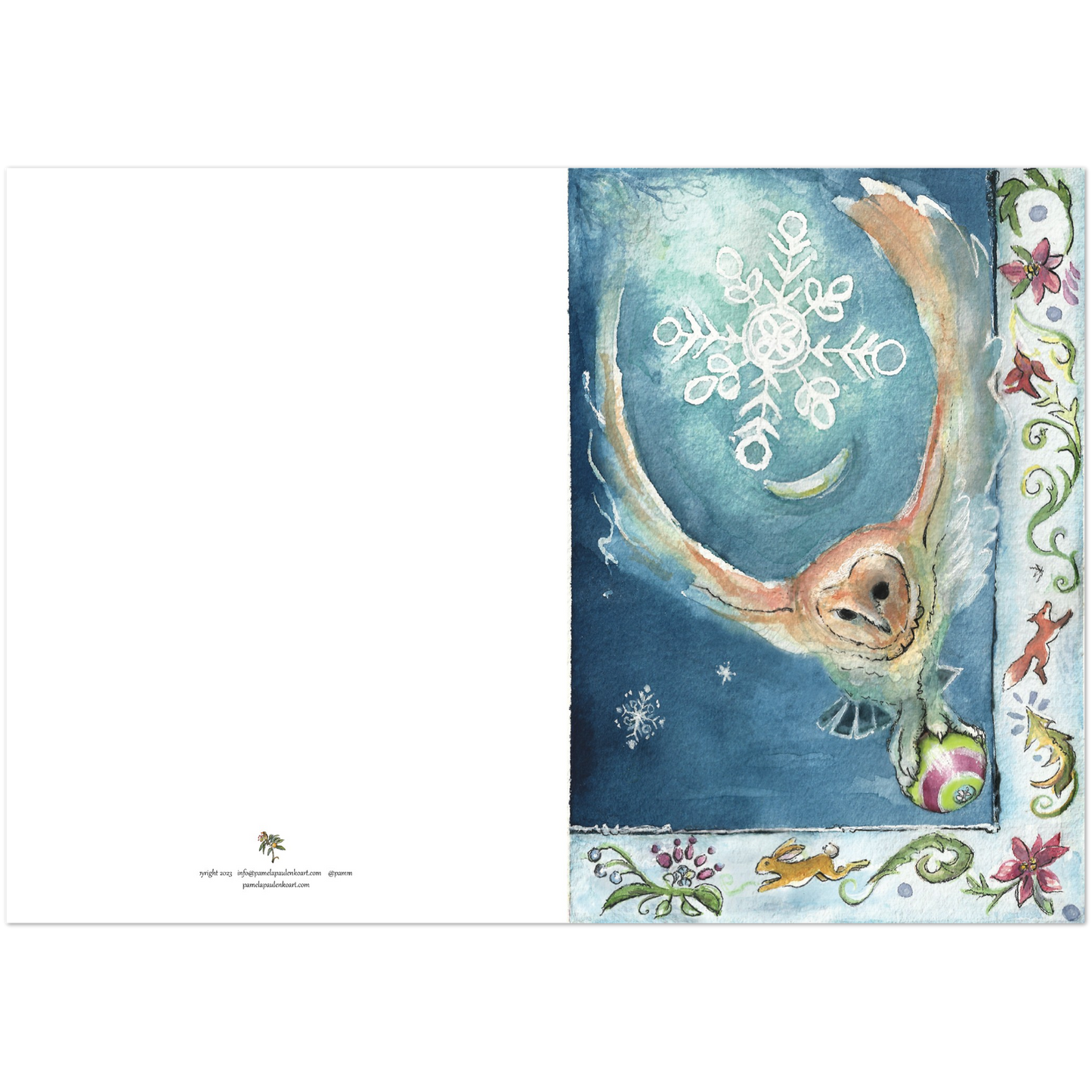 Mystic Holiday Owl Pack of 10 Greeting Cards (standard envelopes) (US & CA) - Original Watercolour Art by Canadian Artist Pamela Paulenko, painting Ontario wildlife