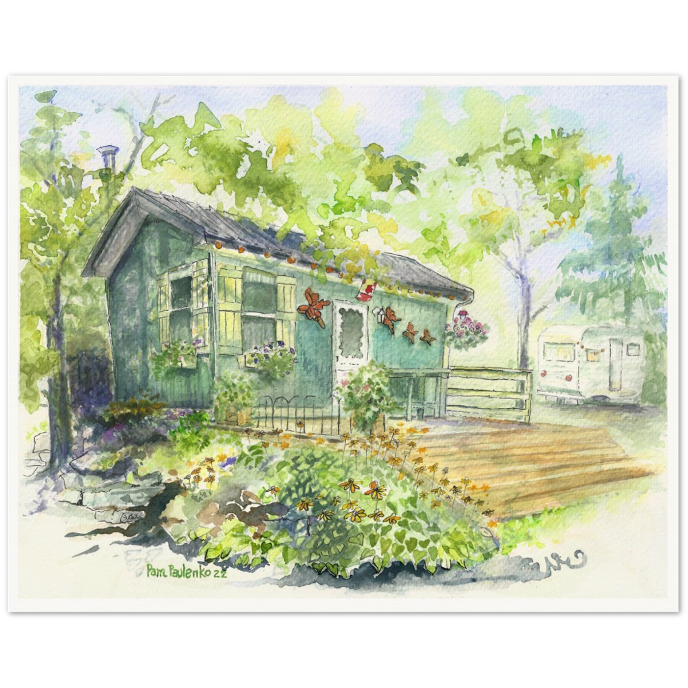 Rustic Cabin On A Creek Museum-Quality Matte Paper Poster - Original Watercolour Art by Canadian Artist Pamela Paulenko, painting Ontario wildlife