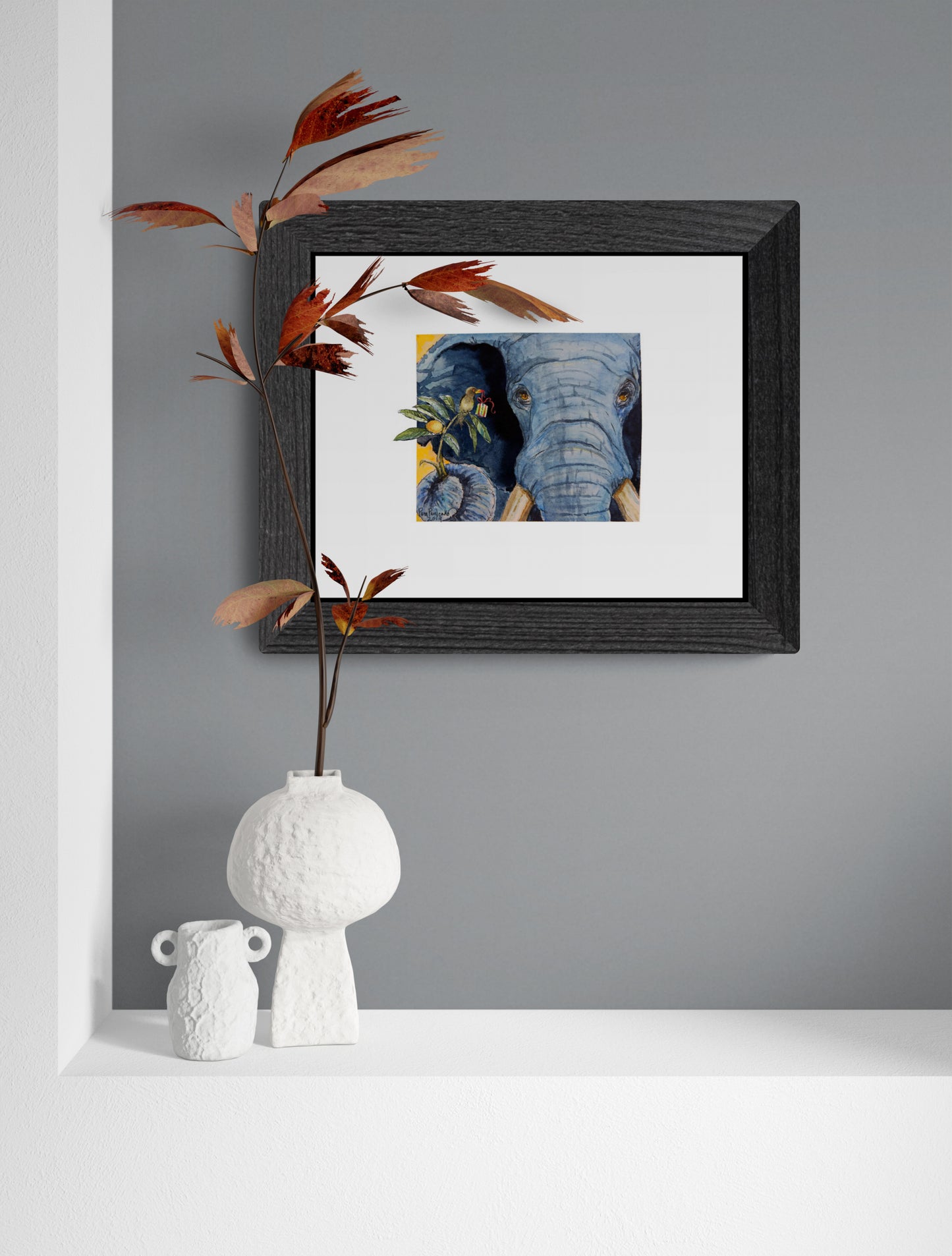 Elephant with Ox Pecker Friend Larger White Border Option - Classic Matte Paper Poster - Original Watercolour Art by Canadian Artist Pamela Paulenko, painting Ontario wildlife