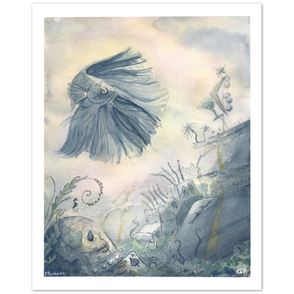 Classic Matte Paper Poster Betta Regards the Ruins - Original Watercolour Art by Canadian Artist Pamela Paulenko, painting Ontario wildlife