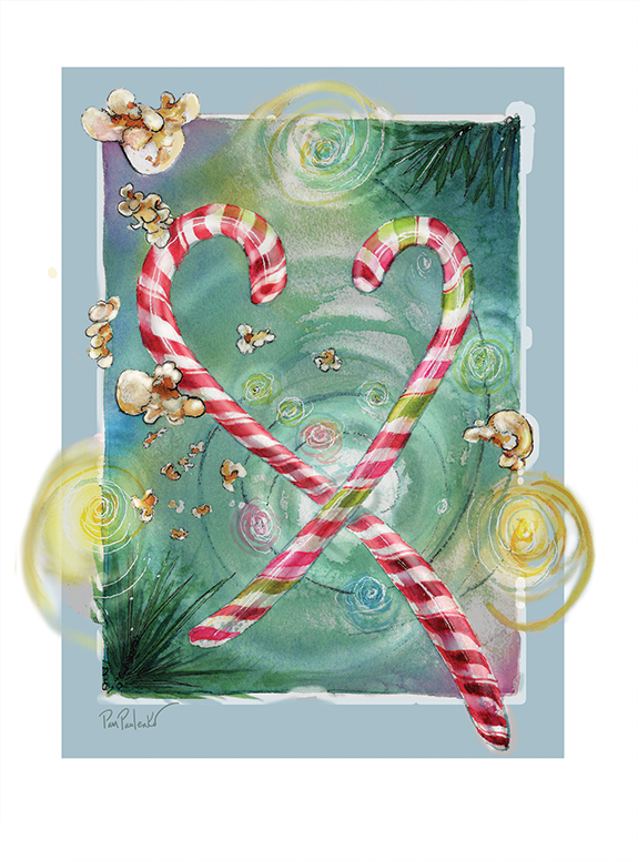 Candy Cane Love - Pack of 10 Folded Holiday Cards (standard envelopes) (US & CA) - Original Watercolour Art by Canadian Artist Pamela Paulenko, painting Ontario wildlife
