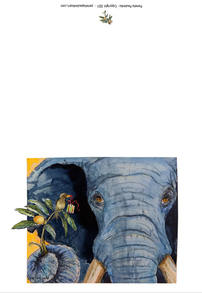 Versitile Elephant and Ox Pecker Friend Holiday or Bday - Original Watercolour Art by Canadian Artist Pamela Paulenko, painting Ontario wildlife