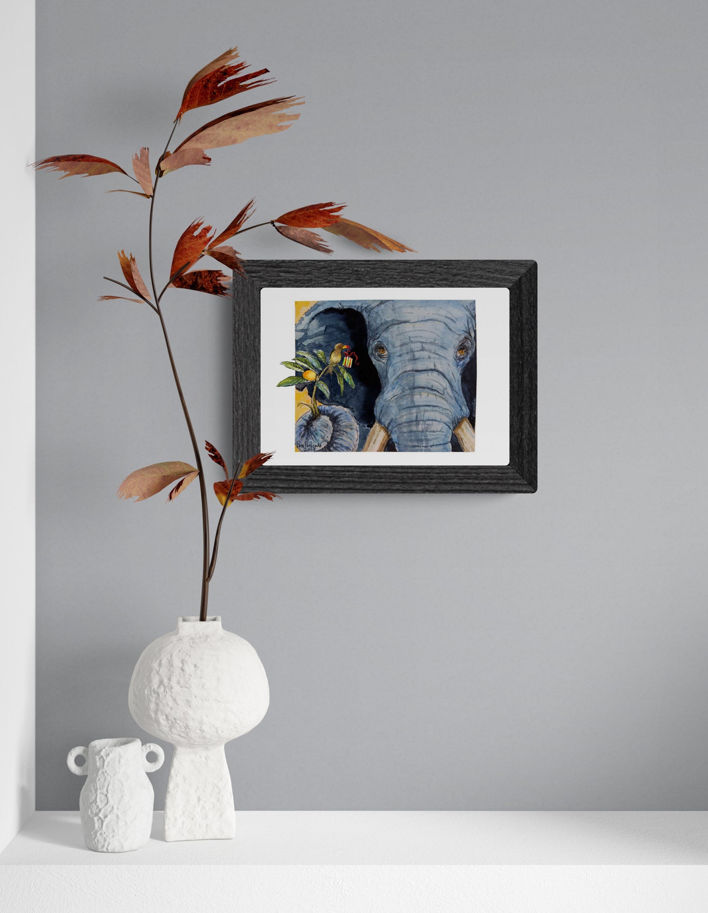 Elephant with Ox Pecker Friend Classic Matte Paper Poster - Original Watercolour Art by Canadian Artist Pamela Paulenko, painting Ontario wildlife