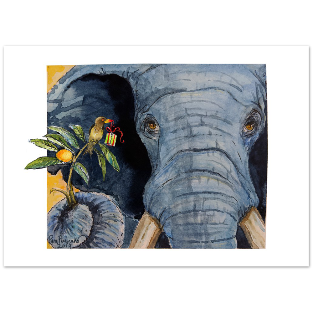 Elephant with Ox Pecker Friend Classic Matte Paper Poster - Original Watercolour Art by Canadian Artist Pamela Paulenko, painting Ontario wildlife