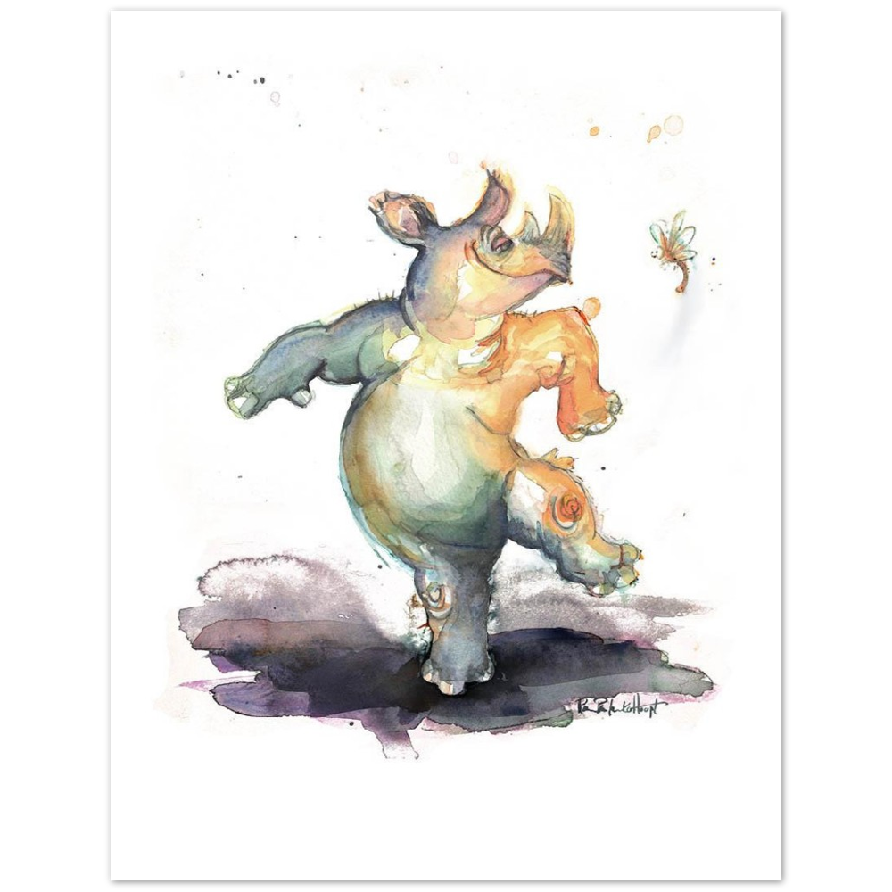 Rhino Dancing with Friend - Print on Classic Matte Paper Poster - Original Watercolour Art by Canadian Artist Pamela Paulenko, painting Ontario wildlife