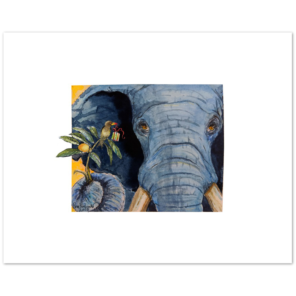 Elephant with Ox Pecker Friend Larger White Border Option - Classic Matte Paper Poster - Original Watercolour Art by Canadian Artist Pamela Paulenko, painting Ontario wildlife