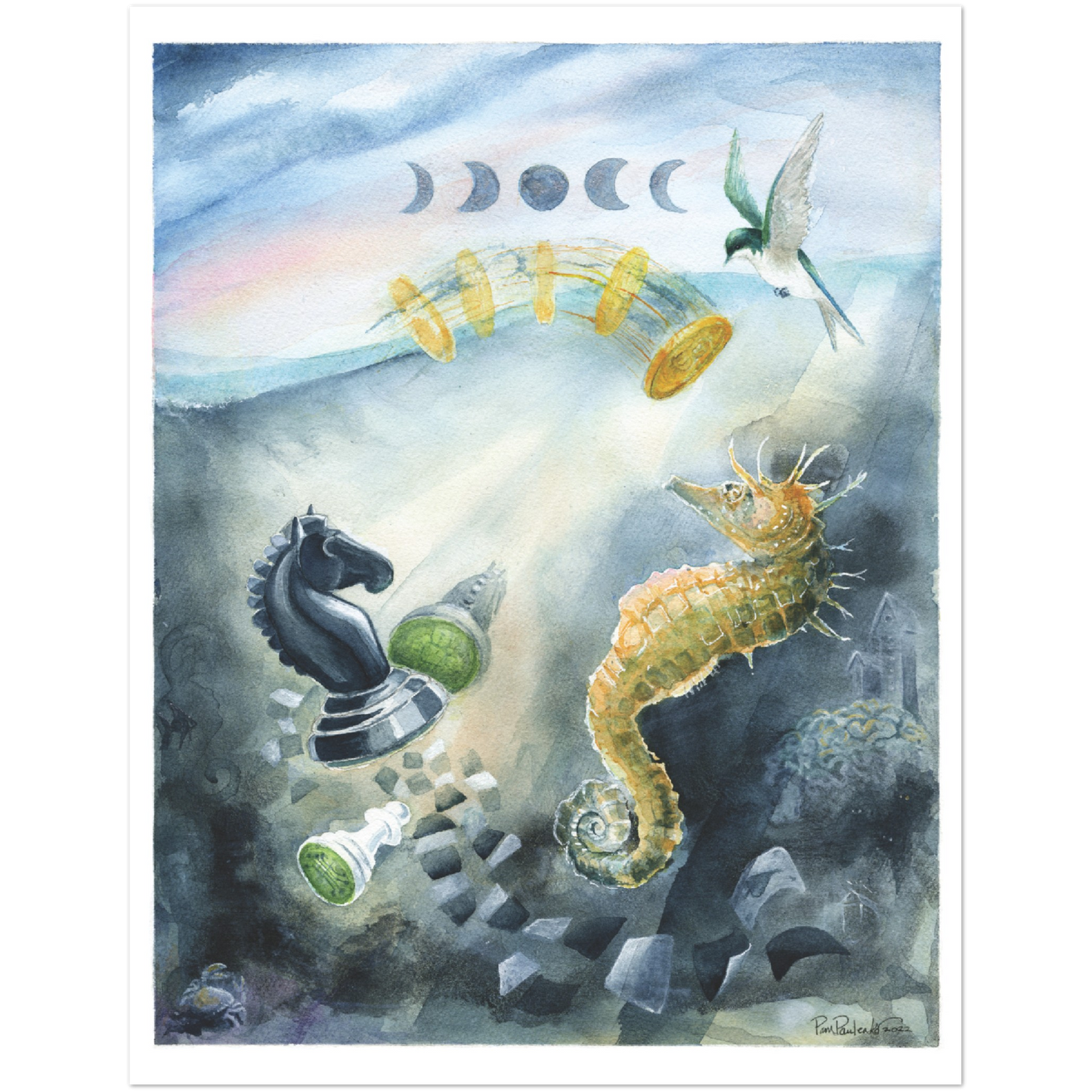 Horse Play - Surreal aquatic - Print Classic Matte Paper - Original Watercolour Art by Canadian Artist Pamela Paulenko, painting Ontario wildlife