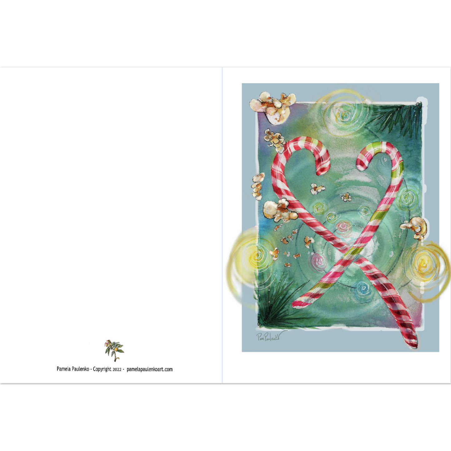 Candy Cane Love - Pack of 10 Folded Holiday Cards (standard envelopes) (US & CA) - Original Watercolour Art by Canadian Artist Pamela Paulenko, painting Ontario wildlife
