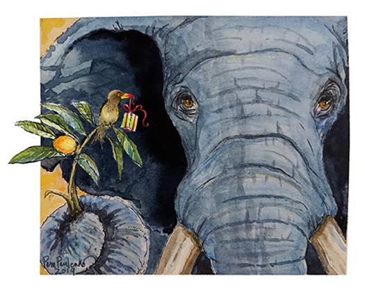 Versitile Elephant and Ox Pecker Friend Holiday or Bday - Original Watercolour Art by Canadian Artist Pamela Paulenko, painting Ontario wildlife
