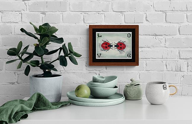 Ladybug art print in frame. Shop unique art and gifts for Valentines day 