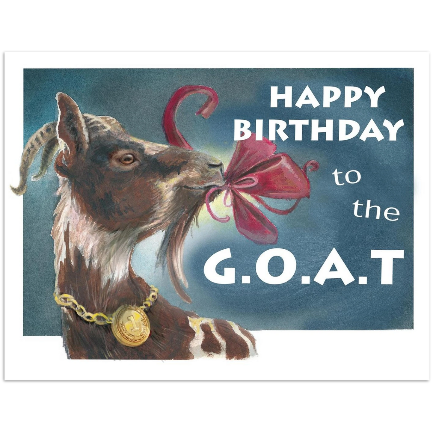 Goat eating a red ribbon wearing a gold #1 medal around his neck