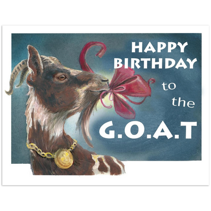 Goat eating a red ribbon wearing a gold #1 medal around his neck