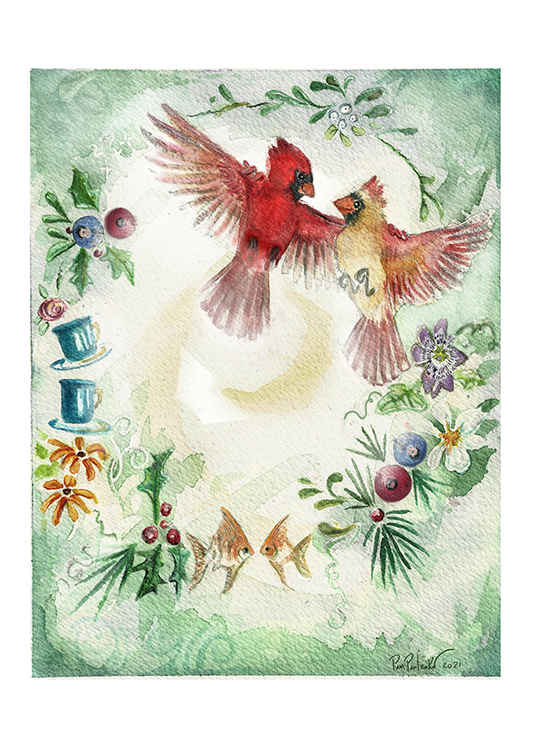 Cardinal Joy - Pack of 10 Folded Holiday Cards (white envelopes) (US & CA) - Original Watercolour Art by Canadian Artist Pamela Paulenko, painting Ontario wildlife