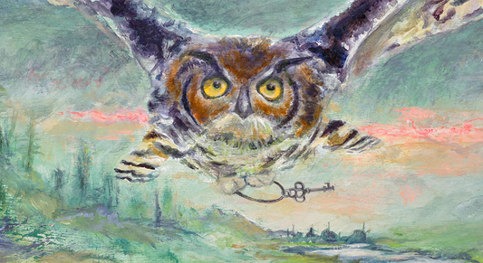 Painting of a great horned owl carrying an antique key flying over a sunset landscape with green, blue and purple hues.