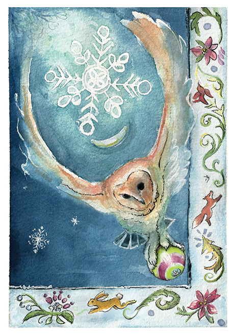 Barn owl in flight in moonlight with a large illuminated snowflake between his upward pointing wings.  He or she is  holding a  green and red tree ornament in his nice puffy feathered feet.  An illuminated manuscript style boarder is on two sides that contains woodland creatures running.  A rabbit, a fox a red bird as well as various flowers.