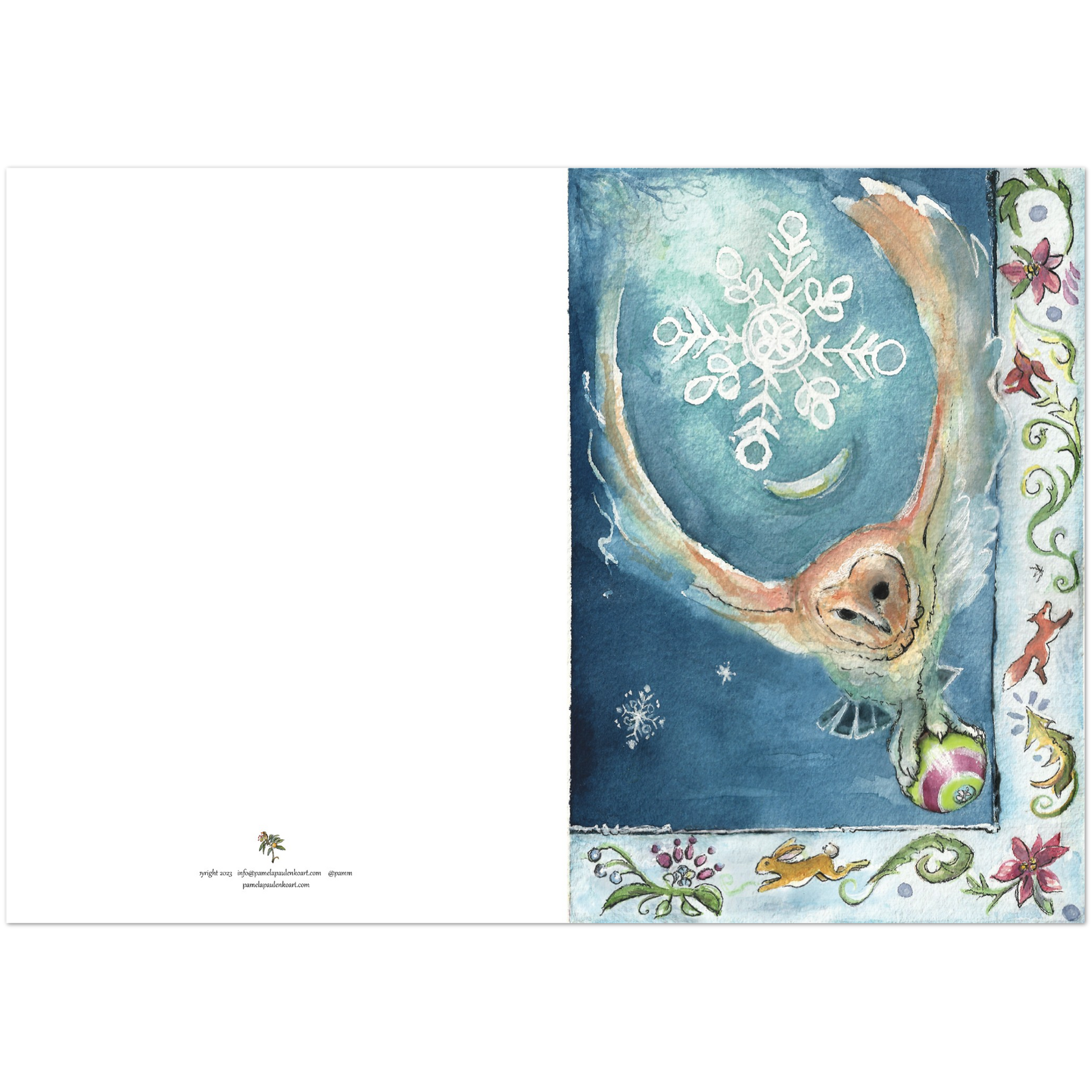 Mystic Holiday Owl   Pack of 10 Greeting Cards (standard envelopes) (US & CA) - Original Watercolour Art by Canadian Artist Pamela Paulenko, painting Ontario wildlife