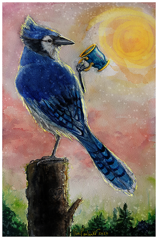 This is a picture of  a Blue jay with a coffee mug