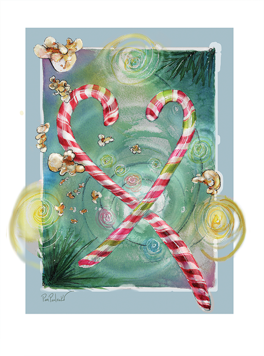Candy Cane Love   -    Pack of 10 Folded Holiday Cards (standard envelopes) (US & CA) - Original Watercolour Art by Canadian Artist Pamela Paulenko, painting Ontario wildlife