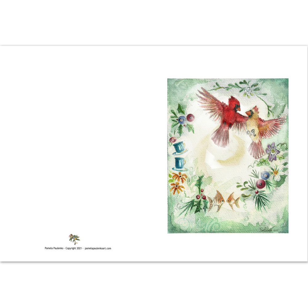 Cardinal Joy - Pack of 10 Folded Holiday Cards (white envelopes) (US & CA) - Original Watercolour Art by Canadian Artist Pamela Paulenko, painting Ontario wildlife