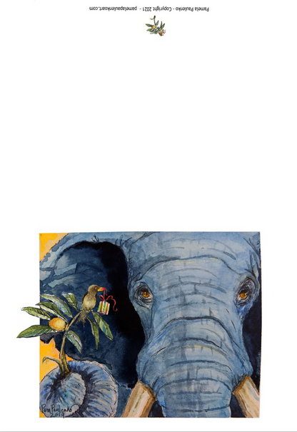 Versitile Elephant and Ox Pecker Friend   Holiday or Bday - Original Watercolour Art by Canadian Artist Pamela Paulenko, painting Ontario wildlife