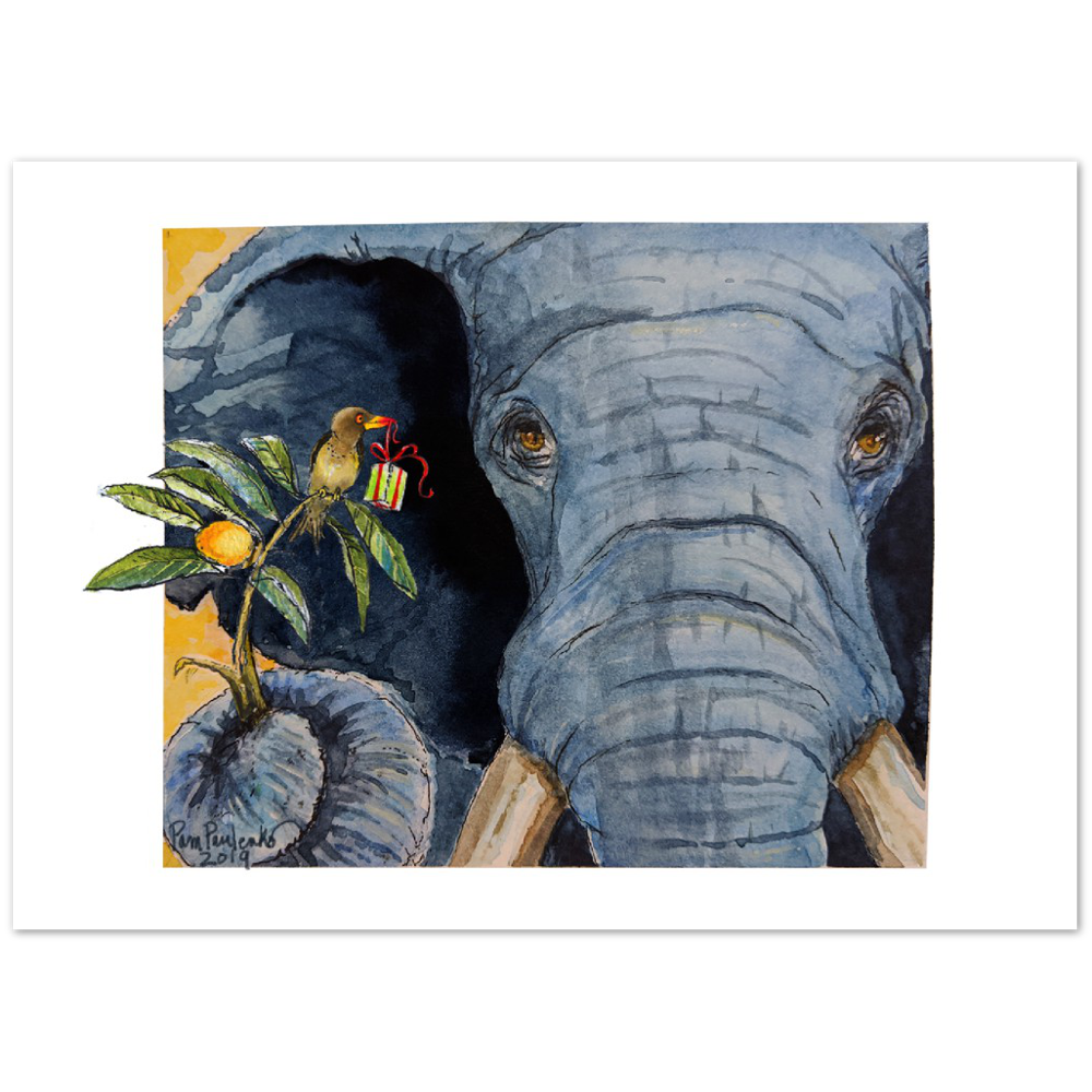 Elephant with Ox Pecker Friend   Classic Matte Paper Poster - Original Watercolour Art by Canadian Artist Pamela Paulenko, painting Ontario wildlife