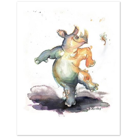 Rhino Dancing with Friend    -   Print on  Classic Matte Paper Poster - Original Watercolour Art by Canadian Artist Pamela Paulenko, painting Ontario wildlife