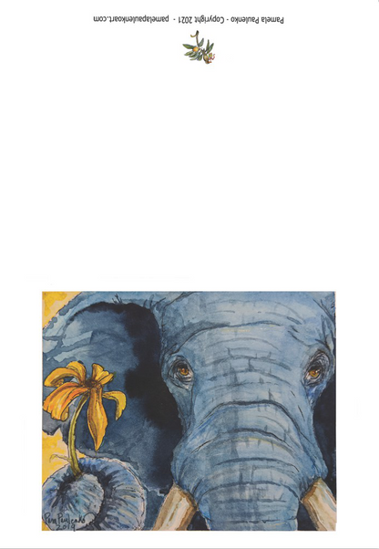 Elephant offering flower Cards (white envelopes) - Original Watercolour Art by Canadian Artist Pamela Paulenko, painting Ontario wildlife