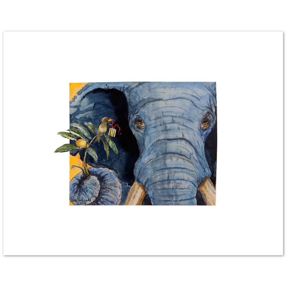 Elephant with Ox Pecker Friend  Larger White Border Option -  Classic Matte Paper Poster - Original Watercolour Art by Canadian Artist Pamela Paulenko, painting Ontario wildlife