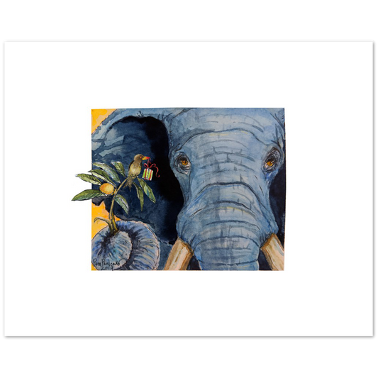 Elephant with Ox Pecker Friend  Larger White Border Option -  Classic Matte Paper Poster - Original Watercolour Art by Canadian Artist Pamela Paulenko, painting Ontario wildlife