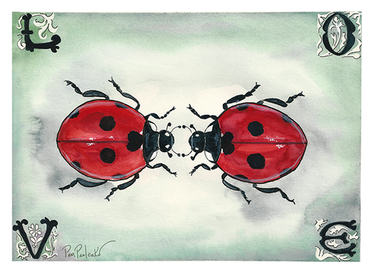 This is a picture of  Ladybugs facing one another with the word love in the corners