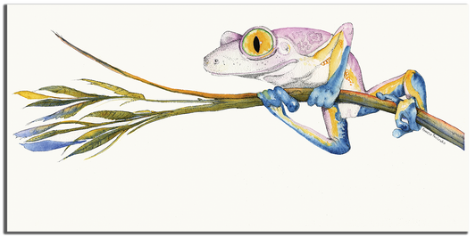 This is a tree frog watercolor featuring Pink's purples and Blues 