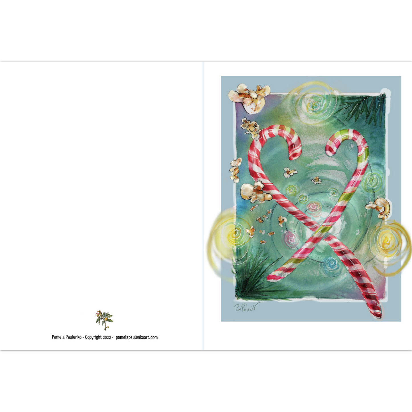 Candy Cane Love   -    Pack of 10 Folded Holiday Cards (standard envelopes) (US & CA) - Original Watercolour Art by Canadian Artist Pamela Paulenko, painting Ontario wildlife