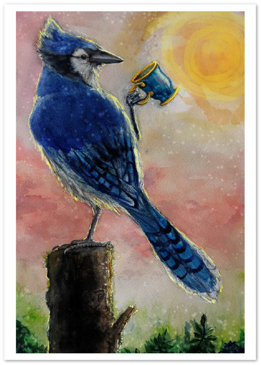 The whimsical painting because the blue jay is done ornographically correct but it's holding a mug 