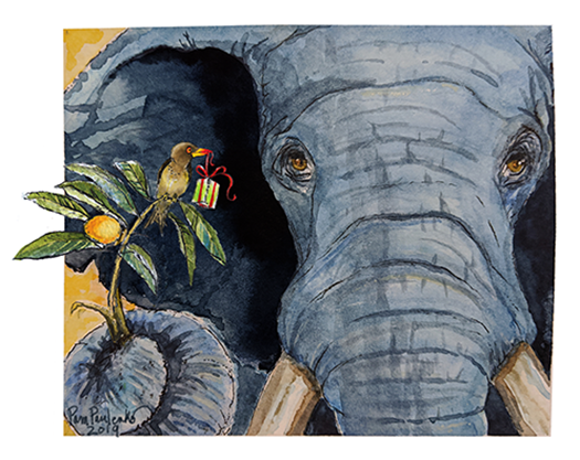 This is a picture of a Whimsical christmas gift painted in watercolour of an elephant and his oxpecker friend