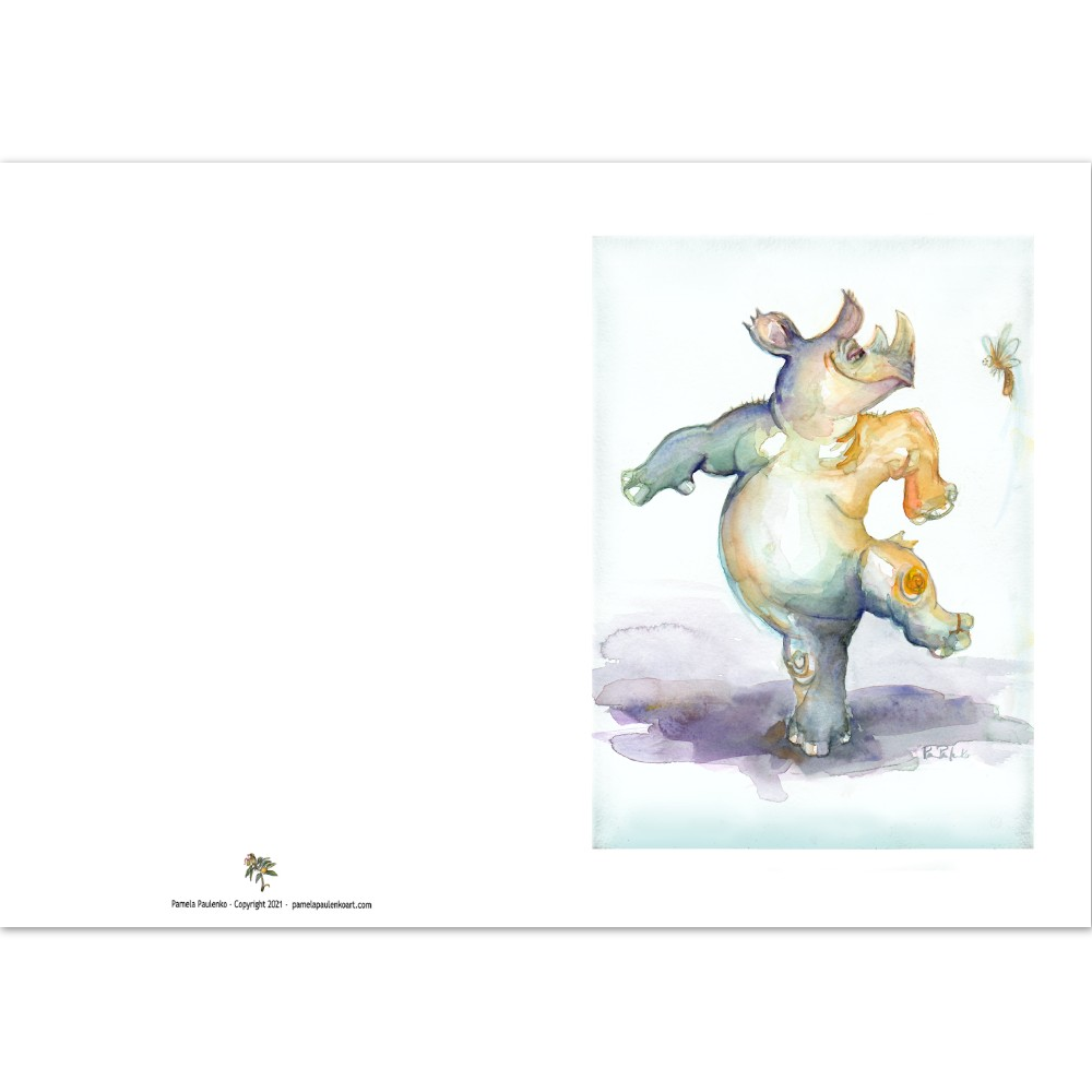 Dancing Rhino and Friend Cards - Original Watercolour Art by Canadian Artist Pamela Paulenko, painting Ontario wildlife