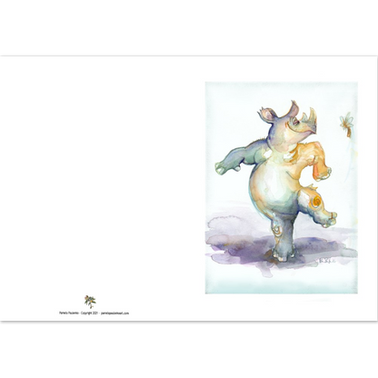 Dancing Rhino and Friend Cards - Original Watercolour Art by Canadian Artist Pamela Paulenko, painting Ontario wildlife