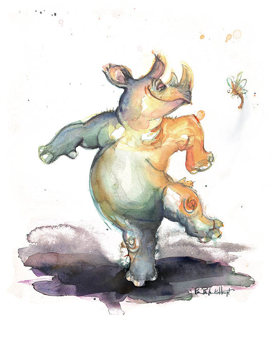 This is a picture of a a Whimsical gelato Rhino dancing watercolour print